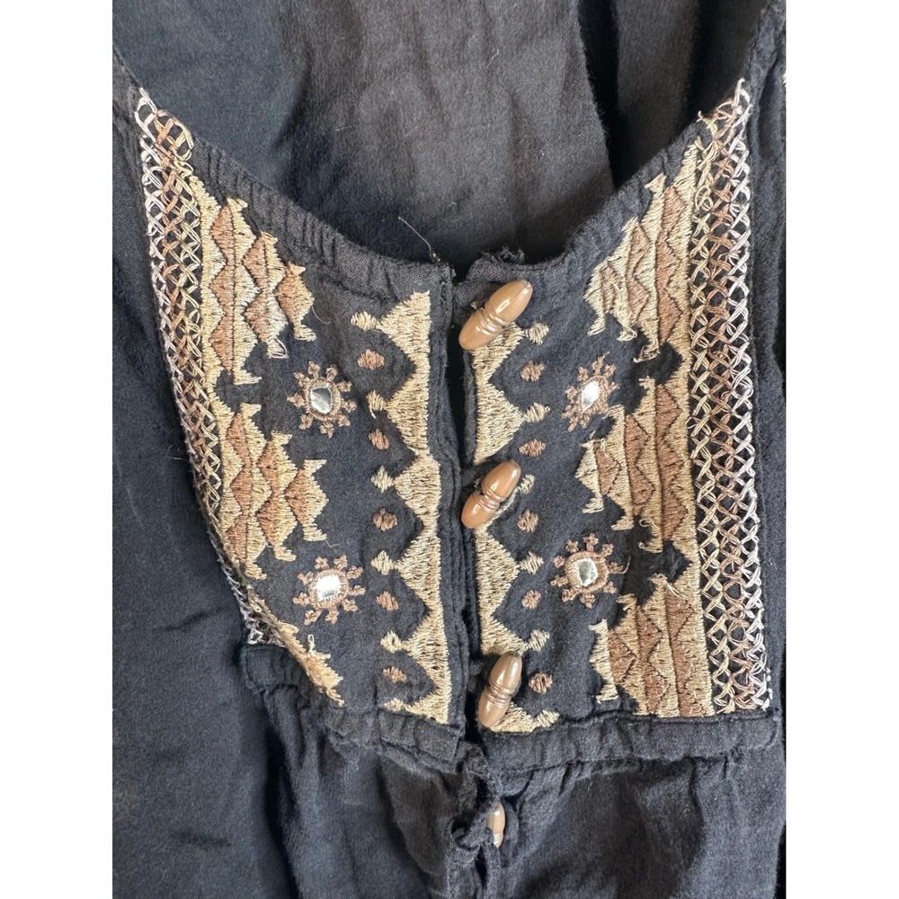 Free People Boho Black Embroidered Mirror Work Peasant Top Size Medium - Picture 4 of 10